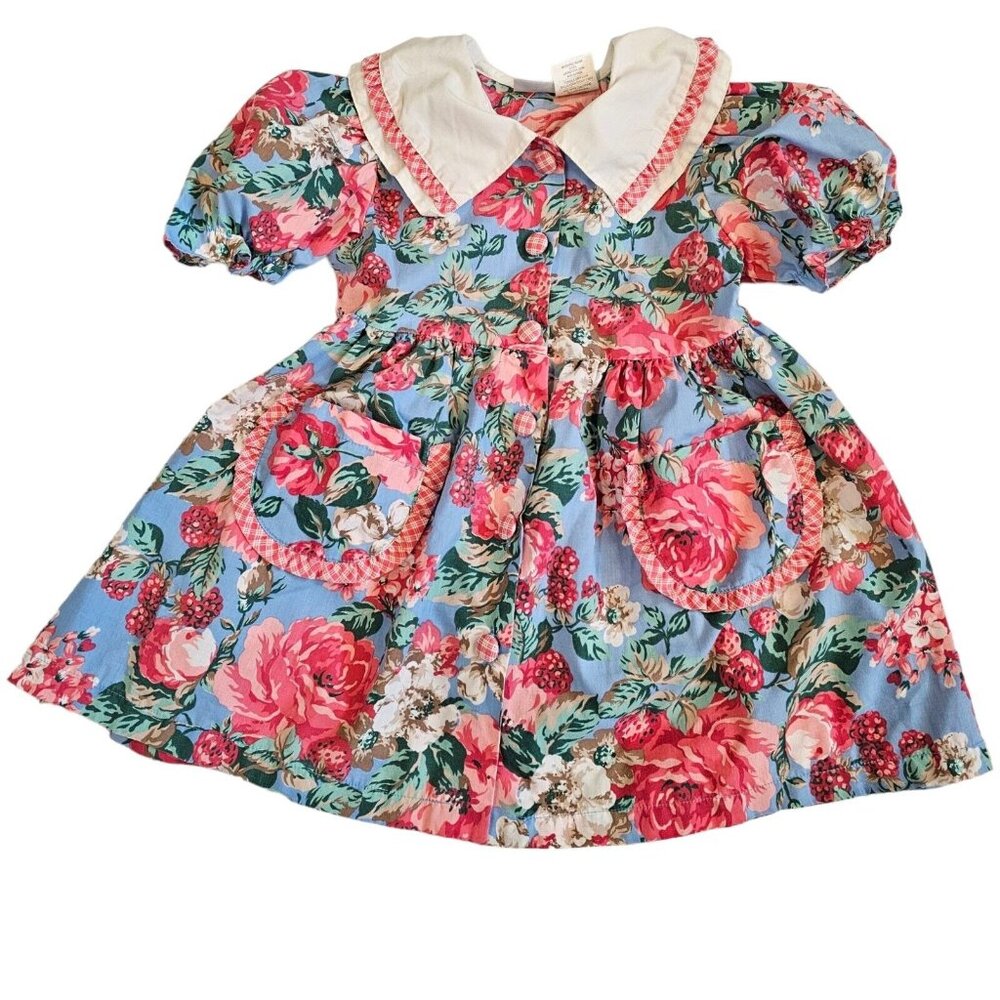 Vintage 90s Girls Size 5 Floral Party Dress Blue Pink Pockets Berries